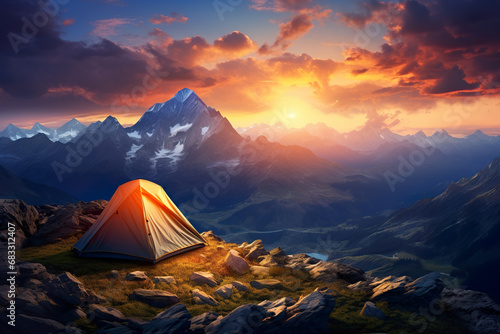 Tent on a Grassy Field with mountain view. Generative Ai