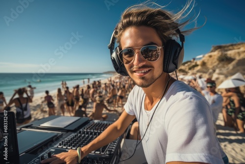 DJ plays music on top of a beach, Strong facial expression. © visoot
