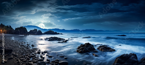 Seascape in full moon light with rocks and ocean