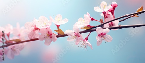 Expressive image of spring nature with pink flowers on cherry tree branch on pastel blue background