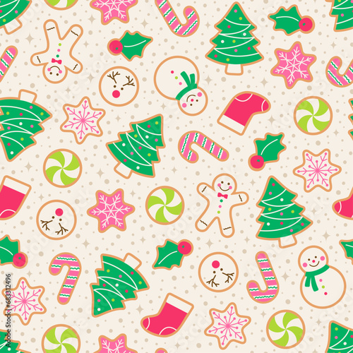 Cute cookies with snow seamless pattern design for christmas holidays background.