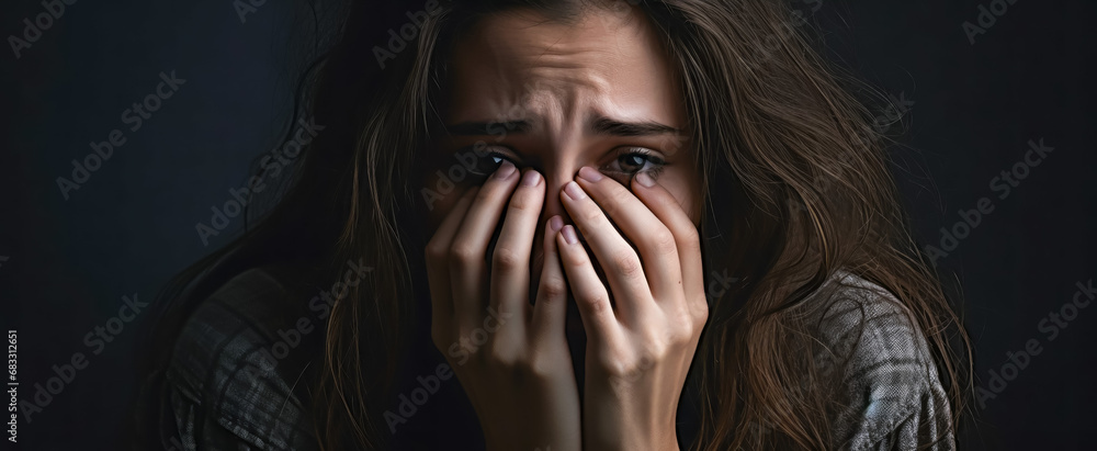 Depressed young woman covering her face with both hands on dark background Depressed young woman covering her face with both hands on dark background