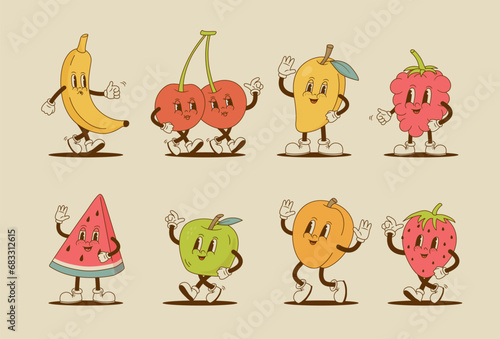 Set of retro cartoon fruit characters. Strawberry, watermelon, cherry, apricot, apple, mango, raspberries, banana mascot. Vintage vector illustration.