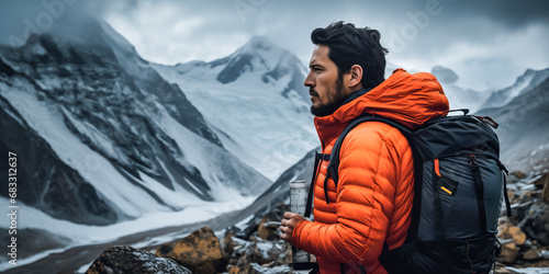Mountain trekker in orange puffer jacket holding water bottle © thodonal