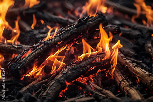Burning wood in a campfire close-up on a black background