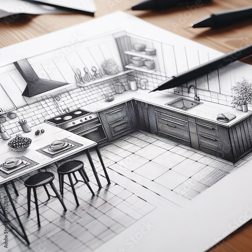kitchen design sketch on a white sheet with a black pencil professional photo