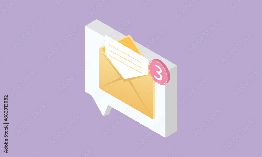 3d minimal mail envelope icon with notification new message. Minimal 3d email letter with notification red bubble unread icon.on pastel purple background. 3d minimal mail envelope icon with notification new message. Minimal 3d email letter with notification red bubble unread icon.on pastel purple background.