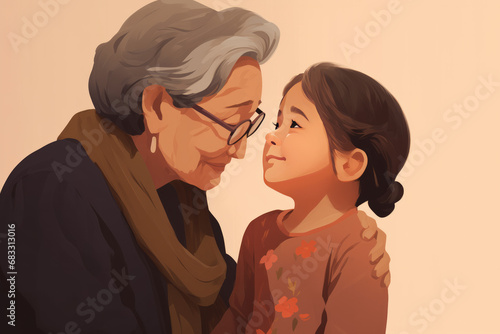 Affectionate Grandmother and Grandchild Embrace - Family Love Illustration