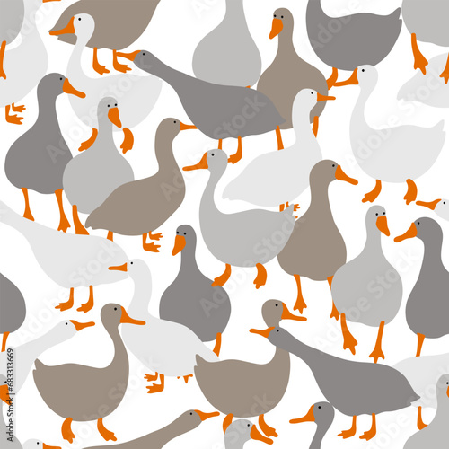 Seamless pattern with funny white and grey gooses.