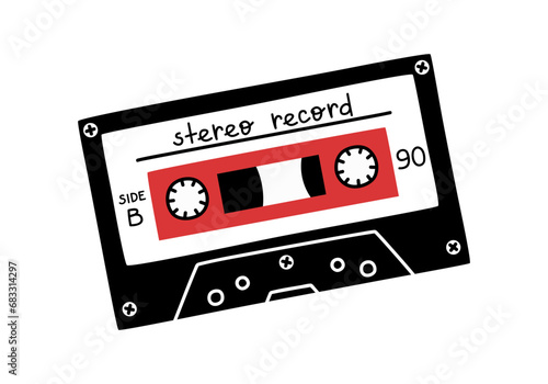Hand drawn cute cartoon illustration of retro music cassette. Flat vector old audio tape sticker in simple colored doodle style. Sound record device icon or print. Stereo record lettering. Isolated. photo