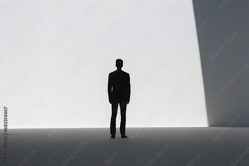 Obraz premium Silhouette image of a man in a suit against a minimalist white background