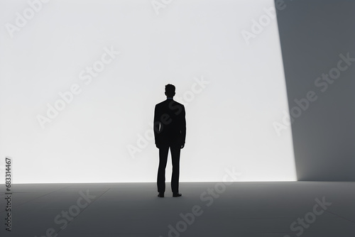 Silhouette image of a man in a suit against a minimalist white background