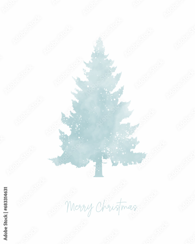 Merry Christmas. Hand Drawn Xmas Vector Card with Pastel Pink Christmas Tree. Watercolor Painting-Like Light Blue SpruceTree with White Spots Isolated on a White Background. RGB. Winter Holidays Card.
