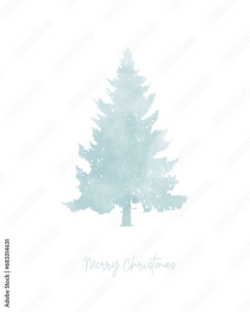 Fototapeta premium Merry Christmas. Hand Drawn Xmas Vector Card with Pastel Pink Christmas Tree. Watercolor Painting-Like Light Blue SpruceTree with White Spots Isolated on a White Background. RGB. Winter Holidays Card.
