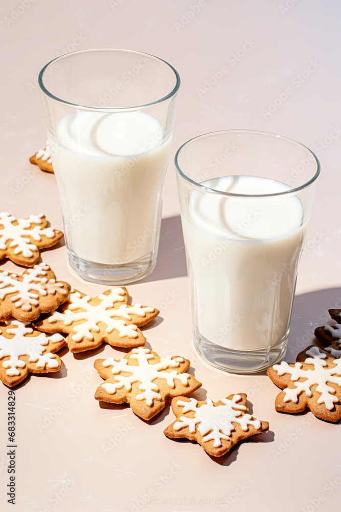 Christmas biscuits and milk on a light background