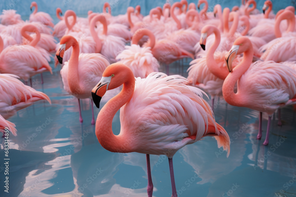 A lifelike illustration of a group of flamingos in a serene lake, with their vibrant pink feathers and graceful poses captured in hyperrealistic fashion. A lifelike illustration of a group of flamingos in a serene lake, with their vibrant pink feathers and graceful poses captured in hyperrealistic fashion.