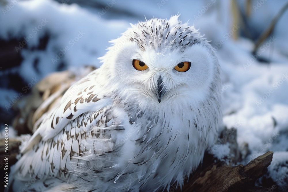 Fototapeta premium Hyperrealistic depiction of a wise and serene snowy owl, with its snowy feathers and intense gaze captured in remarkable detail.