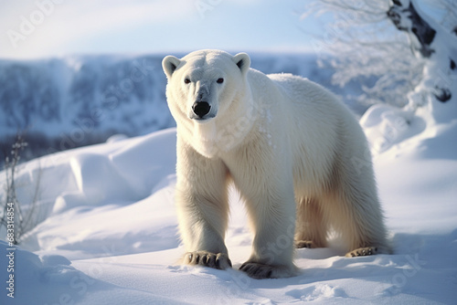 Hyperrealistic illustration of a polar bear in a snowy landscape, with its fur, claws, and icy surroundings meticulously rendered.