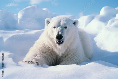 Hyperrealistic illustration of a polar bear in a snowy landscape, with its fur, claws, and icy surroundings meticulously rendered.