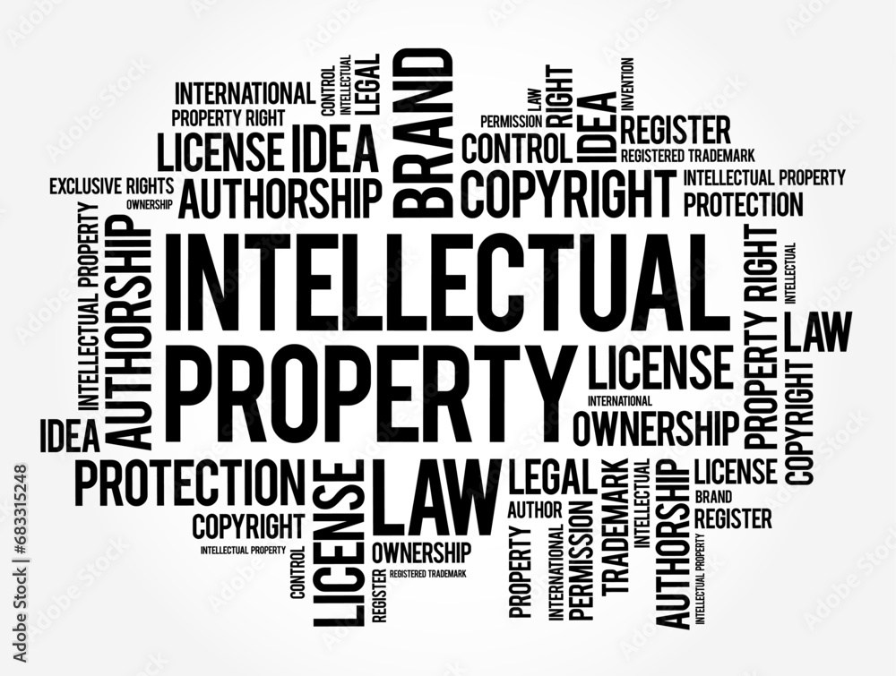 Intellectual Property - category of property that includes intangible creations of the human intellect, word cloud text concept background Intellectual Property - category of property that includes intangible creations of the human intellect, word cloud text concept background