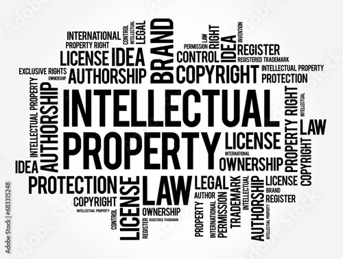 Intellectual Property - category of property that includes intangible creations of the human intellect, word cloud text concept background