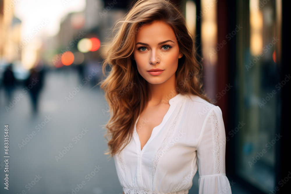 elegant European girl in her 30s. gorgeous, looking at the camera. street background. soft light. blurred background