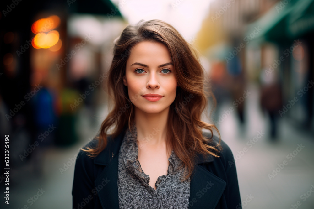 elegant European girl in her 30s. gorgeous, looking at the camera. street background. soft light. blurred background elegant European girl in her 30s. gorgeous, looking at the camera. street background. soft light. blurred background