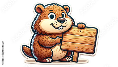 Closeup cartoon cute groundhog holding wooden sign,mockup for greetings Happy Groundhog Day. Perfect for festive designs, greeting card, sticker. photo