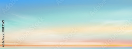 Sky Blue Background,Horizon Pastel Clear Sky with Cloud Over Beach,Vector illustration Beautiful Landscpae Morning Sunrise,Panorama Nature Sunset Field,Cartoon Cloudy in Summer