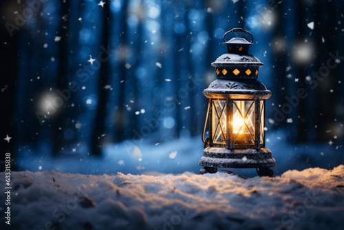The Tranquil Beauty of a Glowing Lantern in the Snow on a Peaceful Winter's Night © aicandy