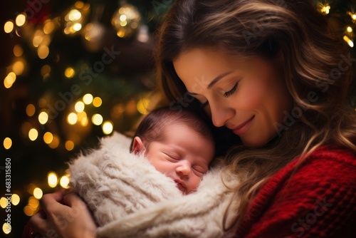Cherishing quiet moments: A mother holding her peaceful baby against a backdrop of festive Christmas decor © aicandy
