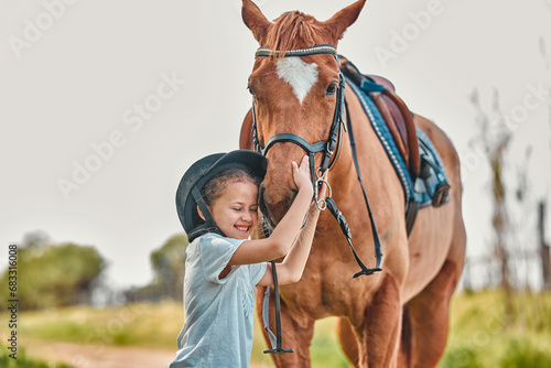 Kid, horse and smile in nature with love, adventure and care with animal, bonding together and relax on farm. Ranch, kid and pet with childhood, freedom or countryside with happiness, stallion or joy photo