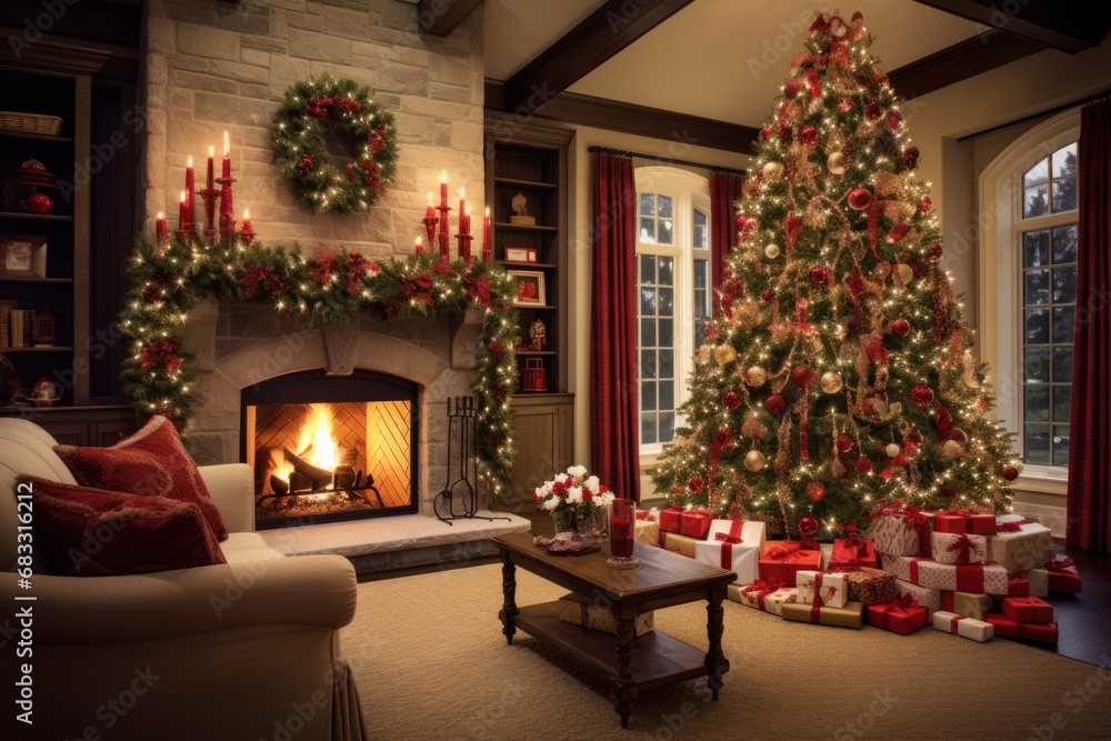 A homely living room transformed into a magical Christmas wonderland with decorations and gifts A homely living room transformed into a magical Christmas wonderland with decorations and gifts