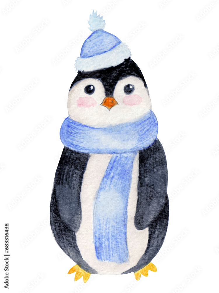 Fototapeta premium Watercolor cartoon cute penguin with knitted hat and scarf isolated on white background for various products, cards etc.