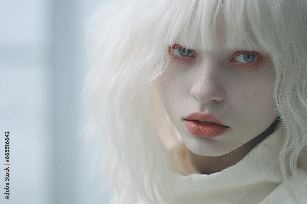 Beautyful albino girl with white skin, natural lips and white hair on light gray background. International Albinism Awareness Day. Concept about body positivity, people diversity and inclusion
