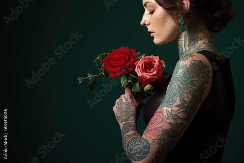 Beautiful tattooed caucasian woman with flowers on dark emerald green background. Intimate girl with tattoo. Beauty and woman appearance concept photo