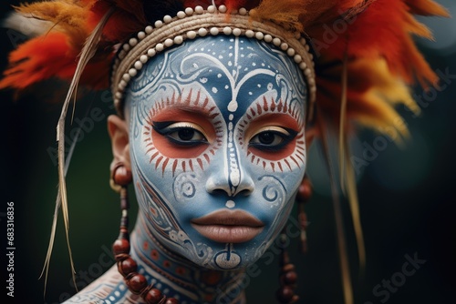 Girl with beautiful face art on black background. Beautiful Indian woman hunter with big American Indian plume of feathers. Native american creative makeup. Western style