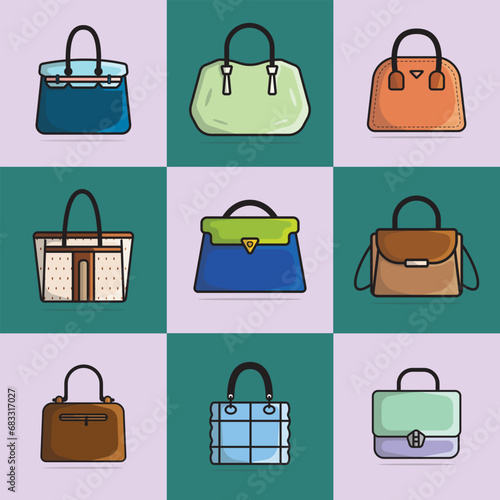 Collection of 9 Stylish Ladies Handbags for Fashion vector illustration. Beauty fashion objects icon concept. Set of elegant ladies fashion accessories vector design.