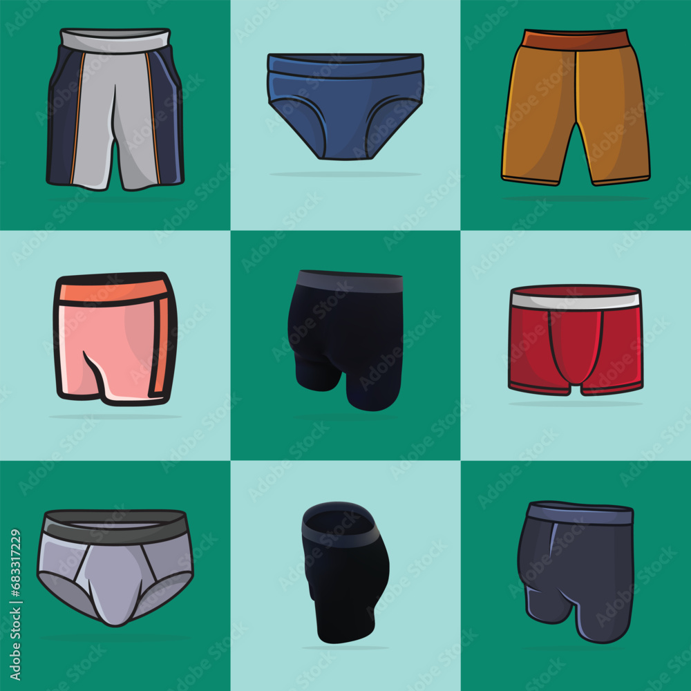 Collection Of 9 Boys Comfortable Underwear Shorts vector illustration. Sports and fashion objects icon concept. Men сolored boxer shorts vector design with shadow.
