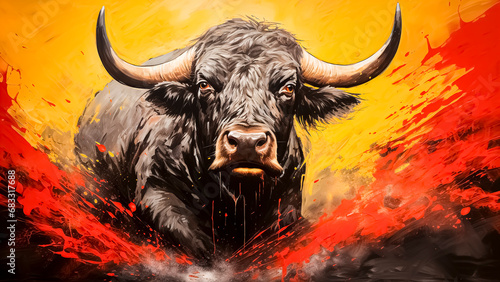 Bull head with big horns and abstract background.