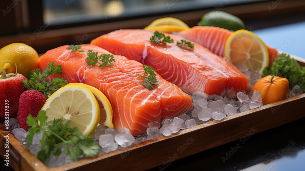 Raw salmon fillets with lemon and parsley on ice in wooden tray Raw salmon fillets with lemon and parsley on ice in wooden tray