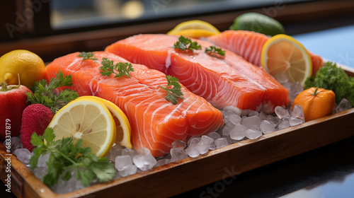 Raw salmon fillets with lemon and parsley on ice in wooden tray