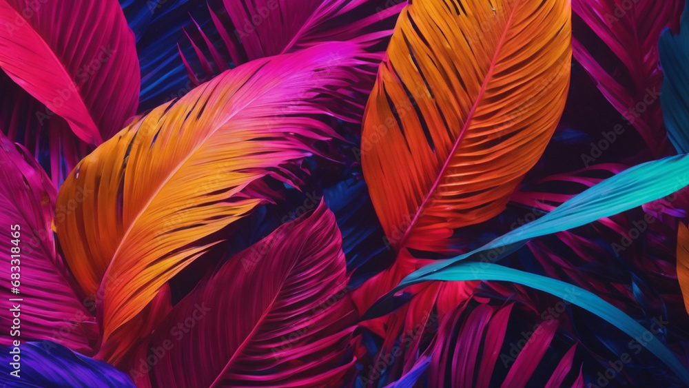 neon colors tropical leaves abstract background
