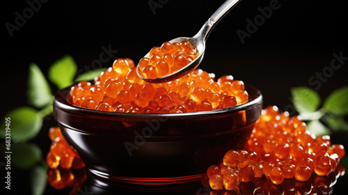 Fresh red caviar in a black bowl on a black background spoon with red caviar photo