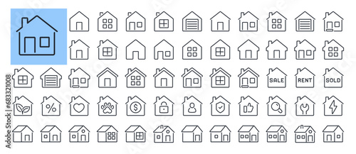 House, home, property, cottage editable stroke outline icons set isolated on white background flat vector illustration. Pixel perfect. 64 x 64.