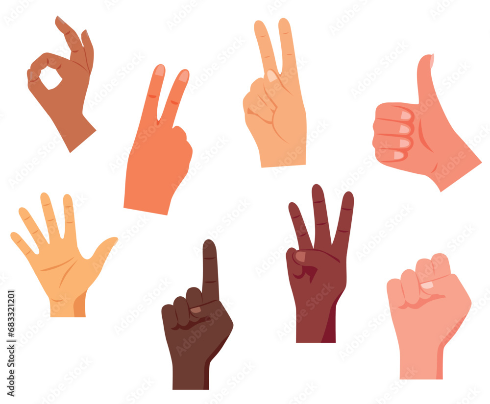 Set of various gestures of human hands isolated on a white background.  Different hand gestures, signs shown with palm and fingers isolated on white background. Flat graphic vector illustratio