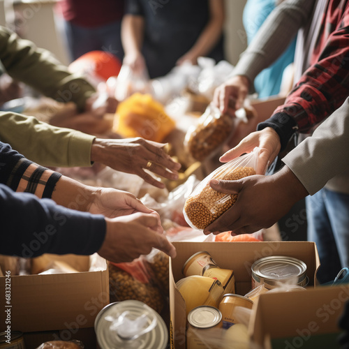 Food drive concept - diverse group of volunteers distributes food among less fortunate