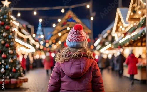 Little girl in a hat and coat on the background of a Christmas tree  christmas market  winter season  happy holidays and new year created with generative ai