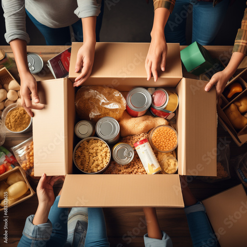 Food drive concept - diverse group of volunteers distributes food among less fortunate