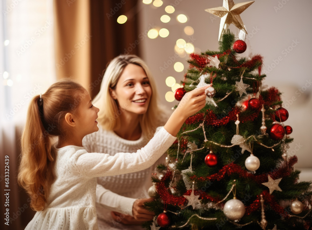 Daughter and mum decorate Christmas tree, home comforts new year Daughter and mum decorate Christmas tree, home comforts new year